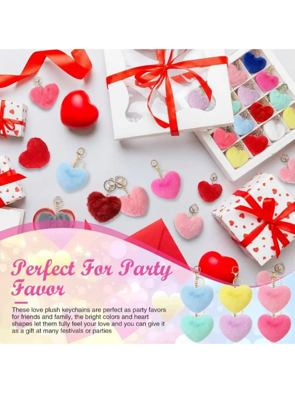 12 Pcs Heart Pom Keychains - Colorful Faux Fur Gifts for Mom & Women, Bulk Set